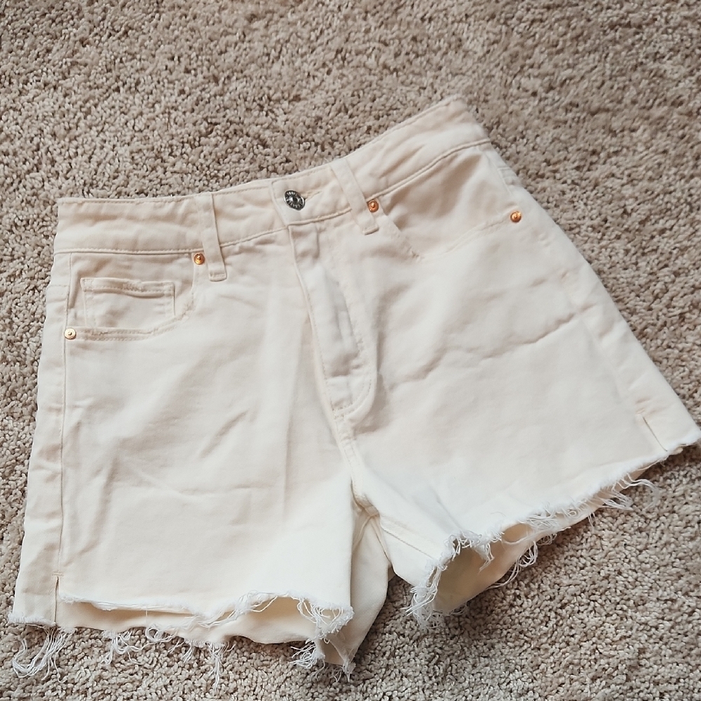 PAIGE Cream Jean Shorts High-Waisted Frayed Hem